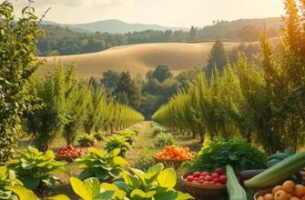 A bright orchard filled with an array of colorful fruits and vegetables amidst lush green hills.