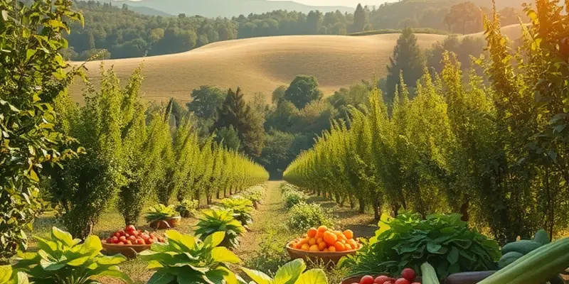 A bright orchard filled with an array of colorful fruits and vegetables amidst lush green hills.