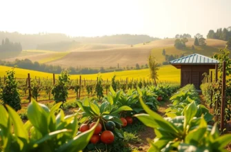 A picturesque landscape showing a lush field of vibrant organic fruits and vegetables basking in sunlight.