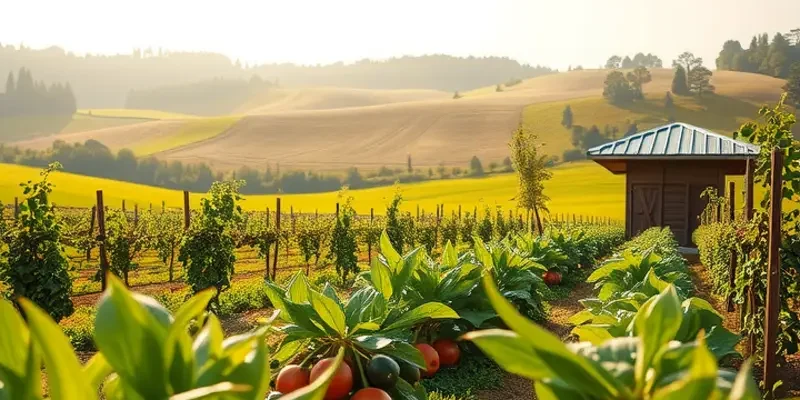 A picturesque landscape showing a lush field of vibrant organic fruits and vegetables basking in sunlight.