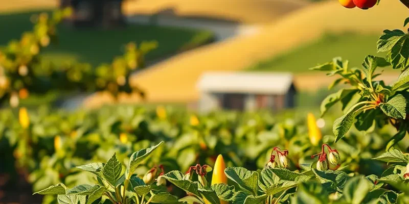 A stunning landscape full of vibrant, organic vegetables and fruits in a natural setting.