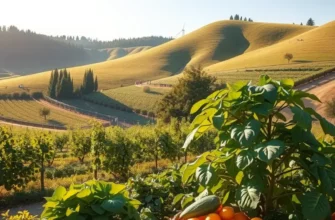 A scenic sunlit field filled with vibrant vegetables and fruits surrounded by lush green hills.