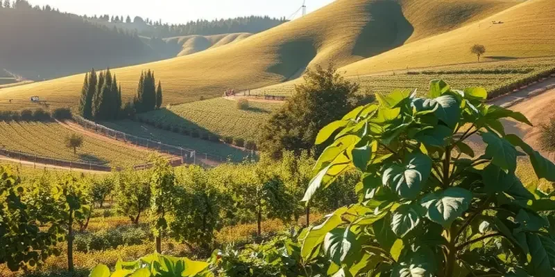 A scenic sunlit field filled with vibrant vegetables and fruits surrounded by lush green hills.