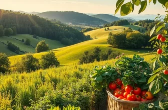 A scenic field flourishing with vibrant organic vegetables and fruits illuminating the beauty of sustainable eating.