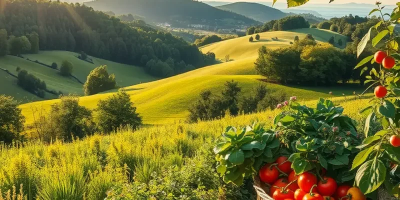 A scenic field flourishing with vibrant organic vegetables and fruits illuminating the beauty of sustainable eating.