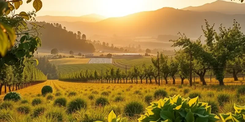 A sunlit field abundant with fresh vegetables and fruits in a natural setting.