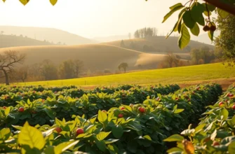 A scenic landscape displaying a variety of fresh vegetables and fruits among lush greenery.