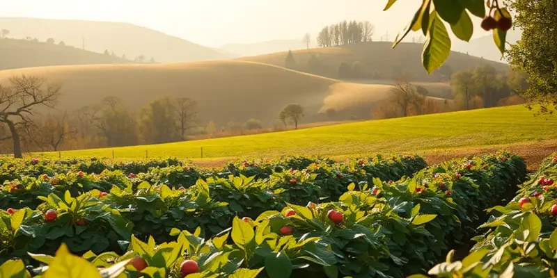 A scenic landscape displaying a variety of fresh vegetables and fruits among lush greenery.