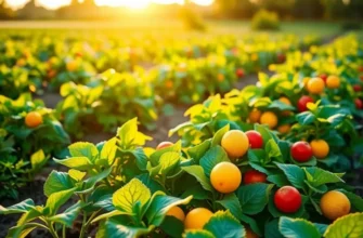 A sunlit field full of fresh vegetables and fruits, representing a natural, healthy lifestyle that supports better sleep.
