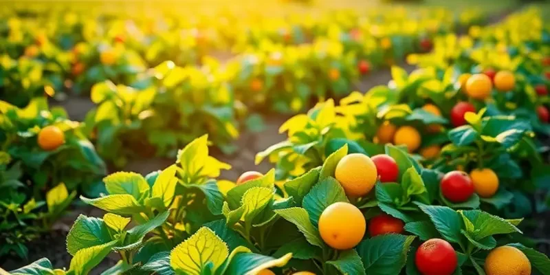 A sunlit field full of fresh vegetables and fruits, representing a natural, healthy lifestyle that supports better sleep.