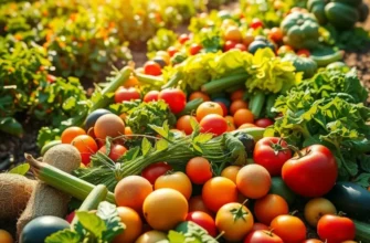 A scenic orchard rich in vibrant fruits and vegetables, symbolizing healthy eating.