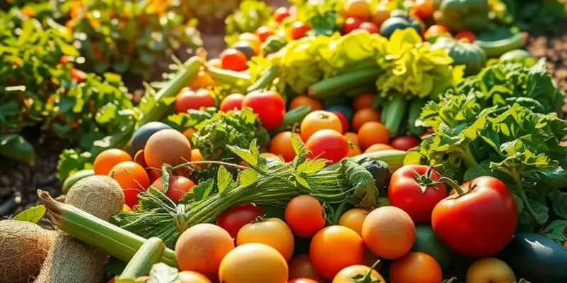 A scenic orchard rich in vibrant fruits and vegetables, symbolizing healthy eating.