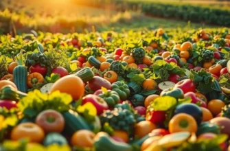 Lush sunlit field showcasing a variety of fresh vegetables and fruits.