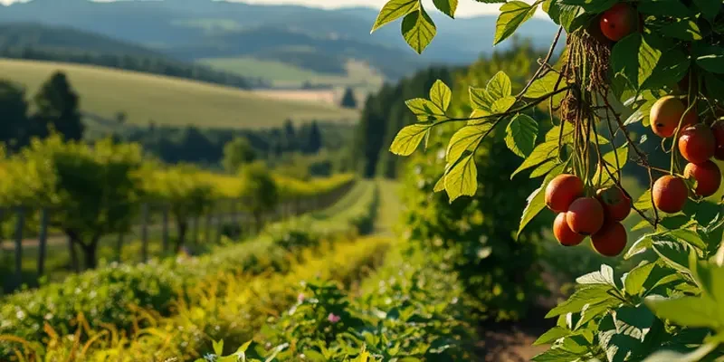 Field of vibrant organic vegetables and fruits basking in sunlight.