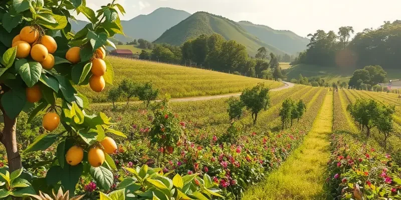 A scenic view of a healthy landscape showcasing an abundance of fruits and vegetables.