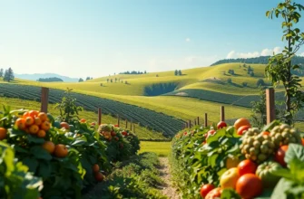 A sunlit field depicting an organic landscape with vibrant fruits and vegetables, highlighting nature's bounty.