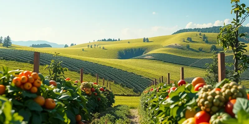 A sunlit field depicting an organic landscape with vibrant fruits and vegetables, highlighting nature's bounty.