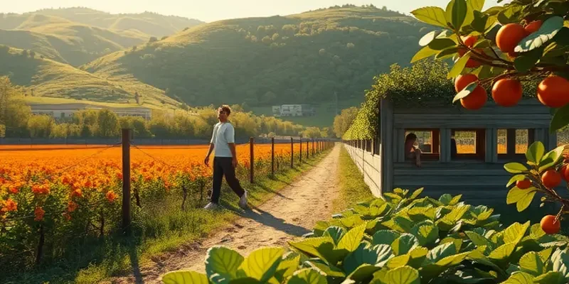 A photorealistic landscape filled with organic vegetables and fruits in a sunlit setting.