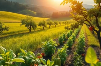 A tranquil sunlit scene featuring lush vegetation and healthy organic fruits in a serene setting.