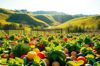 A beautiful natural landscape depicting an abundance of healthy fruits and vegetables in a sunlit field.