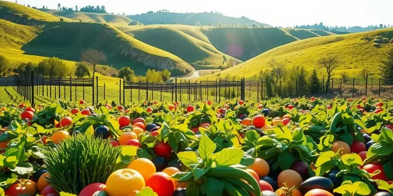 A beautiful natural landscape depicting an abundance of healthy fruits and vegetables in a sunlit field.