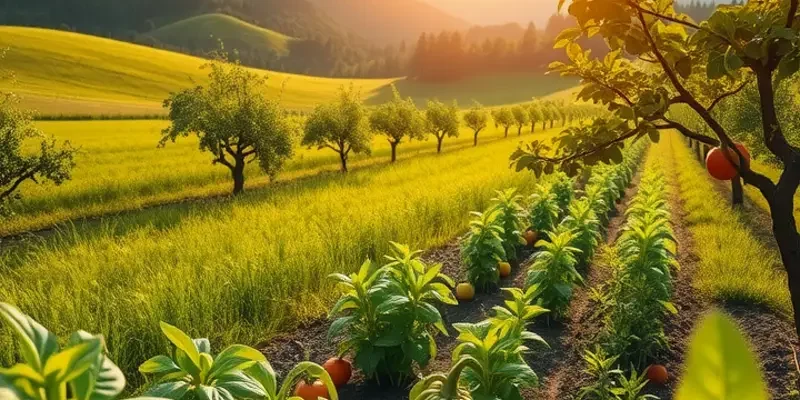 A tranquil sunlit scene featuring lush vegetation and healthy organic fruits in a serene setting.