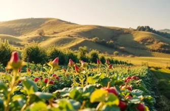 Scenic orchard full of fresh fruits and vegetables under soft light.