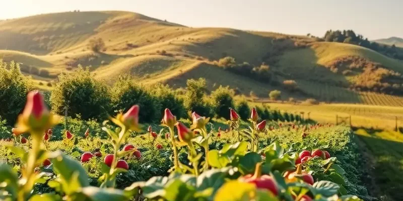 Scenic orchard full of fresh fruits and vegetables under soft light.