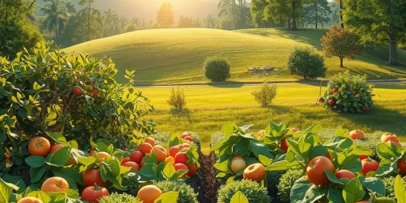 Vibrant sunlit field of fruits and vegetables, representing healthy living.