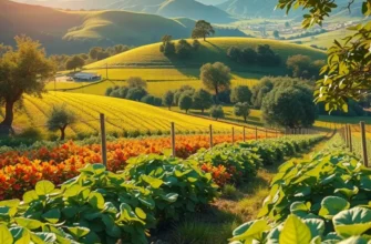 Sunlit field showing a lush organic landscape with vibrant fruits and vegetables growing naturally.