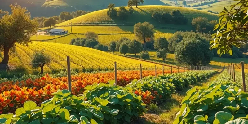 Sunlit field showing a lush organic landscape with vibrant fruits and vegetables growing naturally.