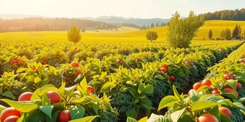 A lush, sunlit field filled with organic vegetables and fruits, highlighting the essence of natural soup ingredients.