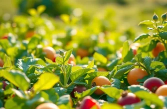 Sunlit landscape showcasing vibrant vegetables and fruits growing in lush greenery.