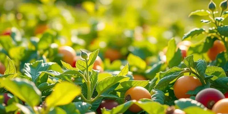 Sunlit landscape showcasing vibrant vegetables and fruits growing in lush greenery.