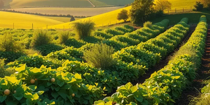 A lush field of vibrant vegetables and fruits growing naturally.