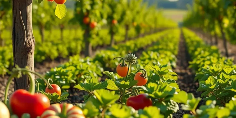 A sunlit field full of organic fruits and vegetables, representing the nourishment of both body and soul.