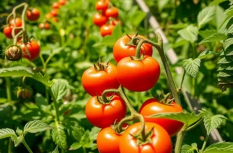 A scenic view of a field abundant with ripe tomatoes and vibrant greenery under soft, warm lighting.
