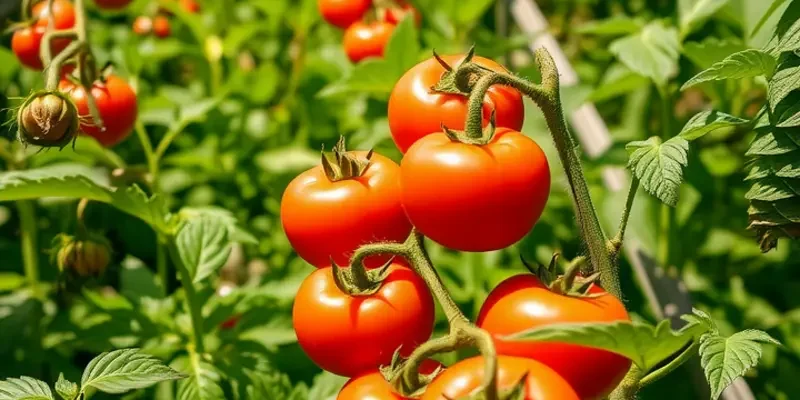 A scenic view of a field abundant with ripe tomatoes and vibrant greenery under soft, warm lighting.