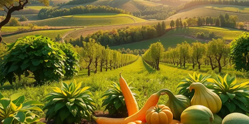 A picturesque field filled with organic fruits and vegetables, representing freshness and health.