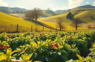 A serene sunlit field abundant with organic vegetables and fruits amidst nature.