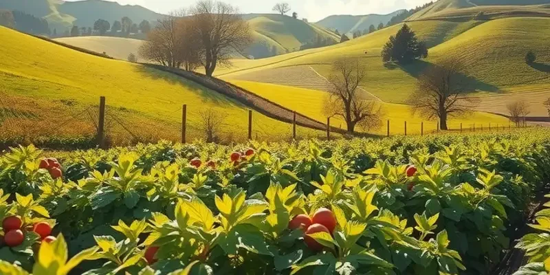 A serene sunlit field abundant with organic vegetables and fruits amidst nature.