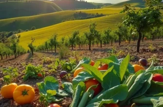 Photorealistic landscape of an abundant sunlit field filled with lush organic vegetables and fruits.
