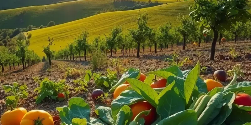 Photorealistic landscape of an abundant sunlit field filled with lush organic vegetables and fruits.