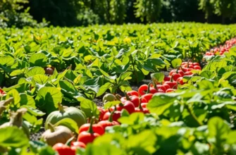 A vibrant and lush landscape with organic vegetables and fruits under soft sunlight, symbolizing healthy nutrition.