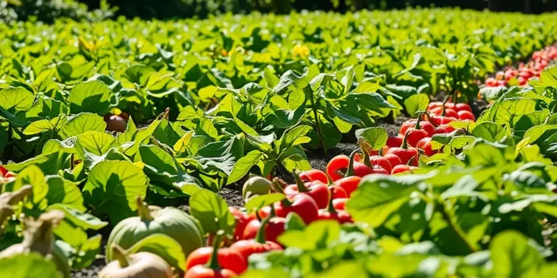 A vibrant and lush landscape with organic vegetables and fruits under soft sunlight, symbolizing healthy nutrition.