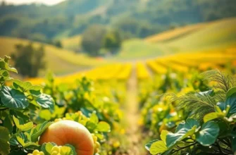 A serene, sunlit landscape brimming with organic fruits and vegetables.