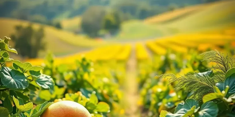 A serene, sunlit landscape brimming with organic fruits and vegetables.
