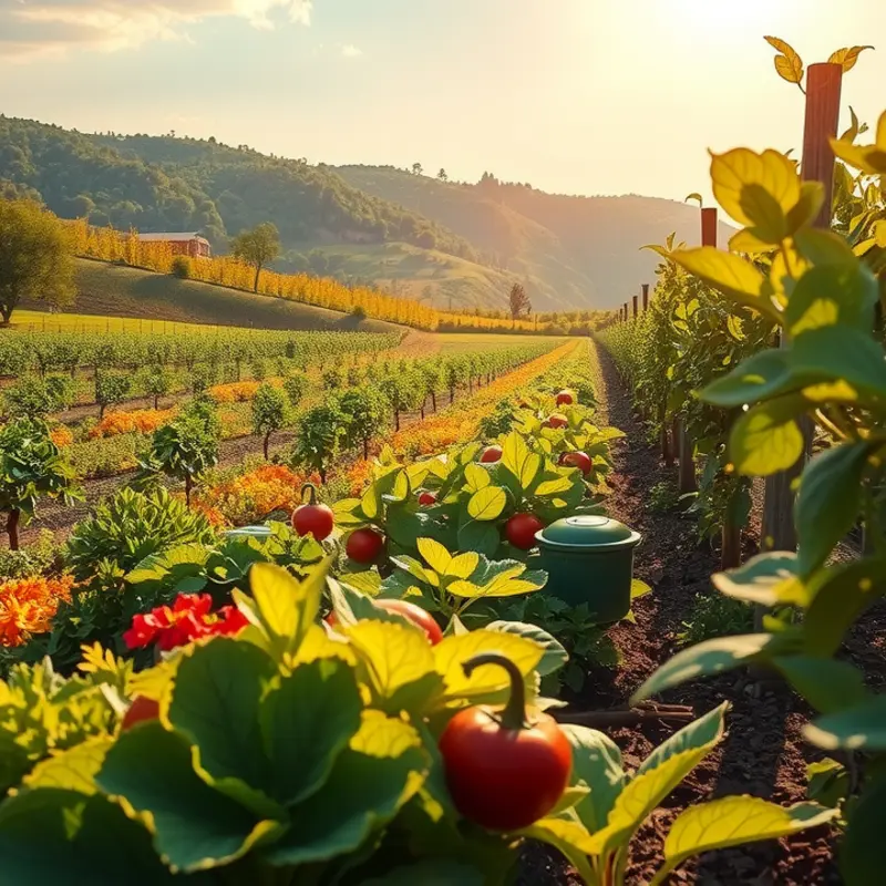A sunlit field abundant with organic vegetables and fruits, reflecting the essence of rural cooking.