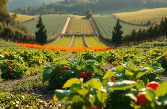 A radiant landscape featuring an abundance of organic vegetables and fruits under warm sunlight.