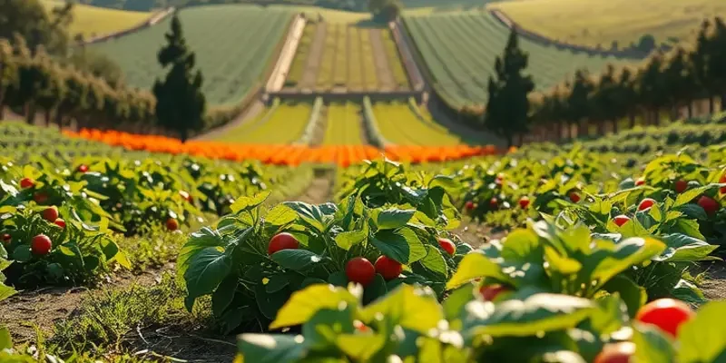 A radiant landscape featuring an abundance of organic vegetables and fruits under warm sunlight.